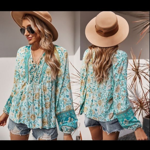 Viv's Boutique Tops - Boho Lightweight Teal Floral Blouse Size XL